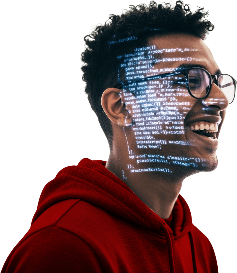 Cyber security specialist with code reflected on their face
