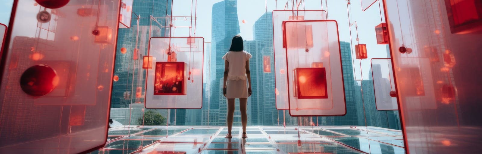 A person standing among floating red glass panels above a city skyline