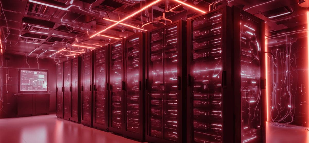 Red-lit data centre server room
